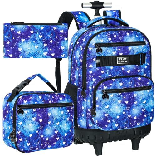 Image of 3Pcs Rolling Backpack for Girls, 19 Inche Women Roller Bag with Wheels for Adults, Wheeled Bookbag with Lunch Box(Blue)