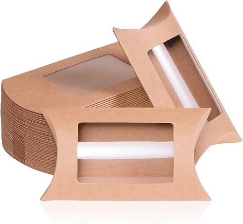 AKOAK 30 fundas de almohada de papel kraft de 5.7 x 2.95 pulgadas con ventana transparente, caja de embalaje de dulces, caja de regalo favorita de