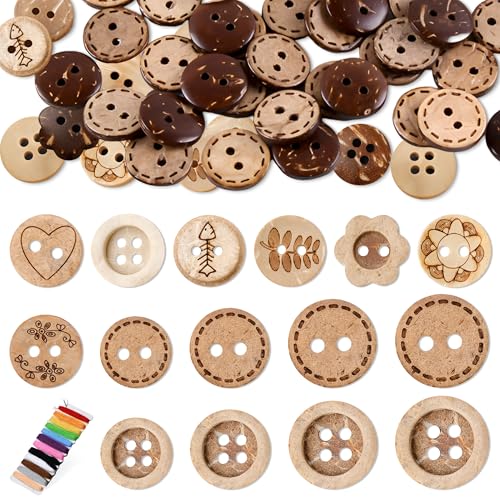 YiiHHooN 150 Boutons Noix De Coco, 5 Tailles Boutons en Bois Vintage Avec Fil À Broder, Boutons Coque De Noix De Coco Décoratifs À Coudre Boutons En Bois...