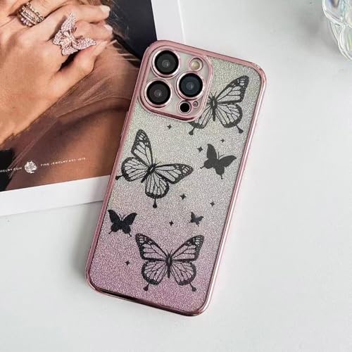 Coque de luxe iPhone 15 paillettes roses et papillons avec vitre de caméra exclusive