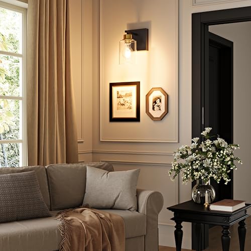 Image of Rayogale Wireless Battery Operated Wall Sconce Set of 2 with Remote Control | Black & Gold Dimmable Rechargeable Wall Lights with Timer, Easy Install Glass Lamp for Living Room Bedroom, Emergency 3000K