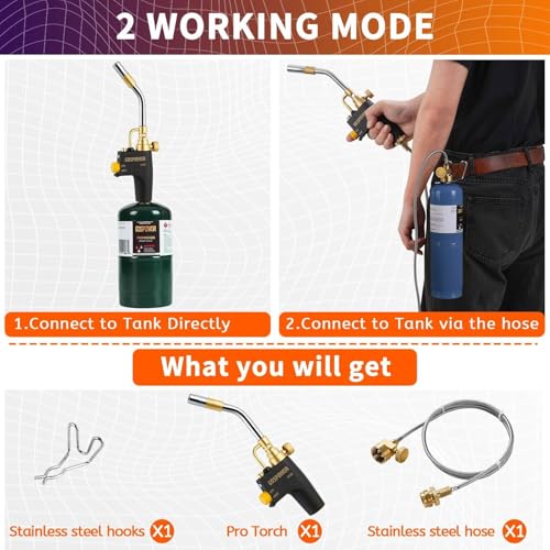 Image of High Intensity Propane Torch Head with Hose & Cylinder Clip, Gas Torch Head Fuel by Propane,MAPP, Blow Torch Welding Torch, Trigger Start torch lighter(Fuel Not Included)