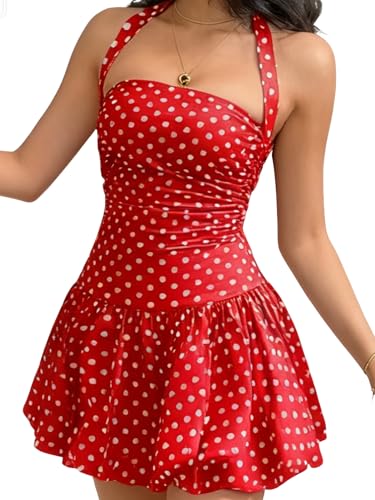 Image of Women's Y2K Sexy Halter Corset Mini Dress Backless Corset Bubble Ruched Waist Club Party Dresses