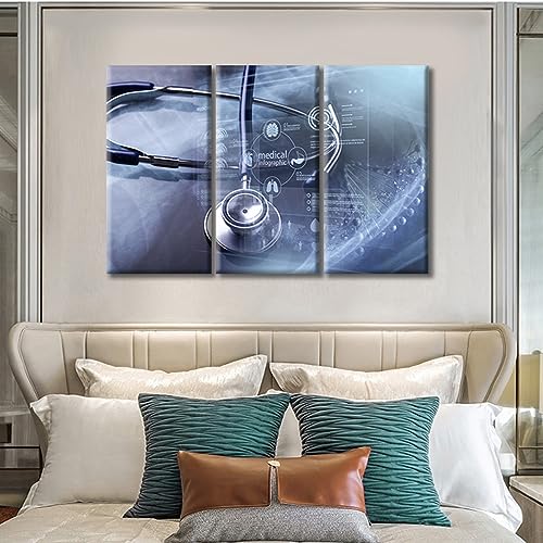 Image of 3 Panels Stethoscope and Medical Framed Wall Art Modern Medicine Cardiology Concept Posters & Prints Wall Art for Living Room Giclee Wooden Framed Gallery-Wrapped Ready to Hang (36 inch Wx24 H)