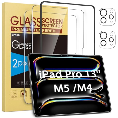 SPARIN 2+2 Pack Screen Protector for iPad Pro 13 inch M5/M4 (2025/2024-8th 7th generation)+ Camera Lens Protector Tempered Glass with Alignment Frame/Case Friendly/Apple Pencil Pro support