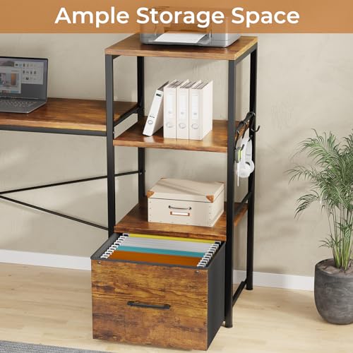 SEDETA 51 Corner Computer Desk with File Drawer, Power Outlet, LED Lights, and Storage Shelves - Rustic Brown