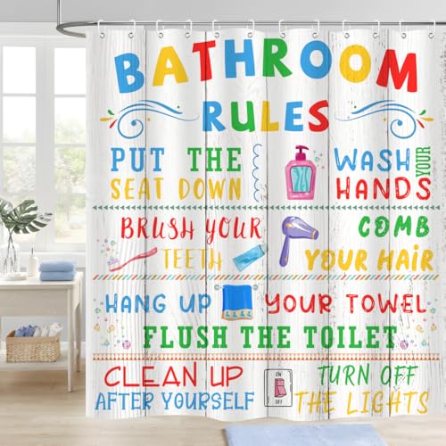 Image of Kids Bathroom Rules Shower Curtain Cute Colorful Quotes Wood Planks Words Funny Teen Boy Girl Restroom Bathtub Decor Waterproof Cloth Fabric 72Lx72W inch with 12PCS Hooks