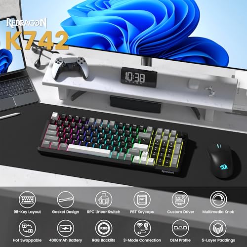 Redragon K742 Wireless Mechanical Gaming Keyboard with Knob, Bluetooth 5.0/2.4GHz/USB C Wired Creamy Keyboard with Number Pad for PC Computer, Hot Swappable RGB Backlits, Custom Linear Switch, Black - Image 3