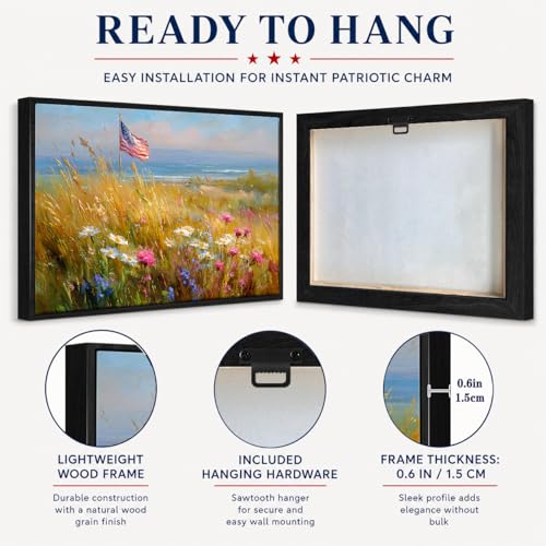 Image of American Flag Framed Canvas Wall Art, 4th of July Floral Canvas Prints, Wildflower Landscape Patriotic Decorations, Vintage Rustic Independence Day Wall Decor for Bedroom Living Room Office 24x32