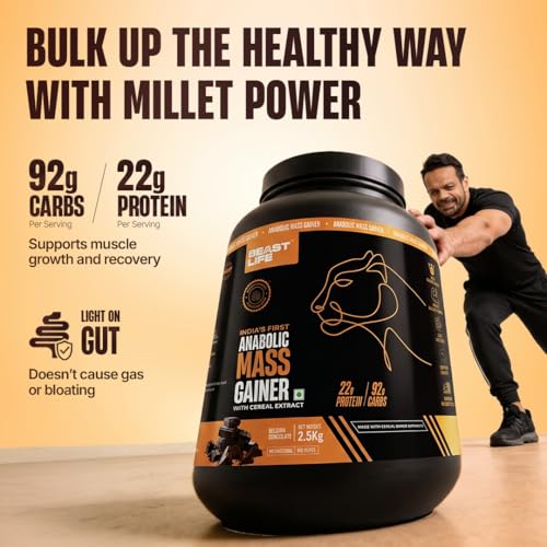 Image of Beast Life High Protein Mass /Weight Gainer | 2.5 KG | Belgian Chocolate with Free Shaker | NABL LAB Tested | For Muscle Gain & Fast Growth | Cereal-Based Formula, No Maltodextrin | India's #1 Cereal Based Bulk Gainer