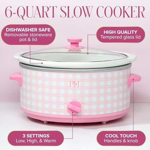 Image of Paris Hilton 6-Quart Manual Slow Cooker, Features Three Settings (Low, High, Warm), Naturally Nonstick and Dishwasher Safe Stoneware Insert, Family Sized Capacity, Gingham Pink