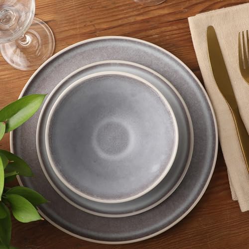 Image of Gibson Elite Coastal Forest Plates and Bowls Sets, 12-Piece Stoneware Dinnerware Sets, Triple Reactive Glaze Dish Set - Light Grey and Cream White