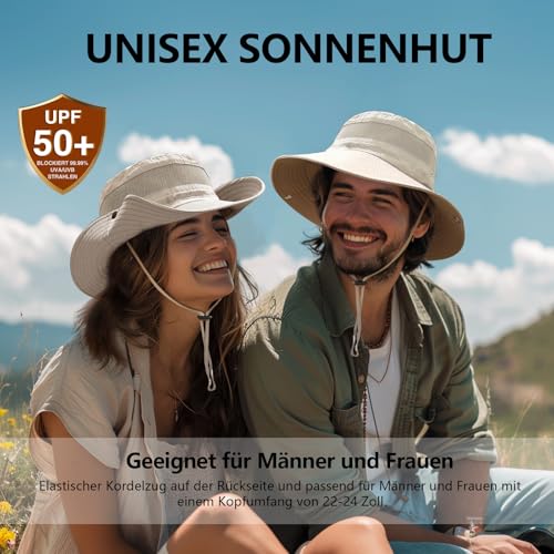 FLEERNIO Beige Unisex Erwachsene Sonnenhut, UV Schutz 50, Faltbar, Atmungsaktiv, Wasserresistent, Cowboy Stil, Für Outdoor Aktivitäten, Wandern, Angeln, Camping, Strand, Parks, Casual