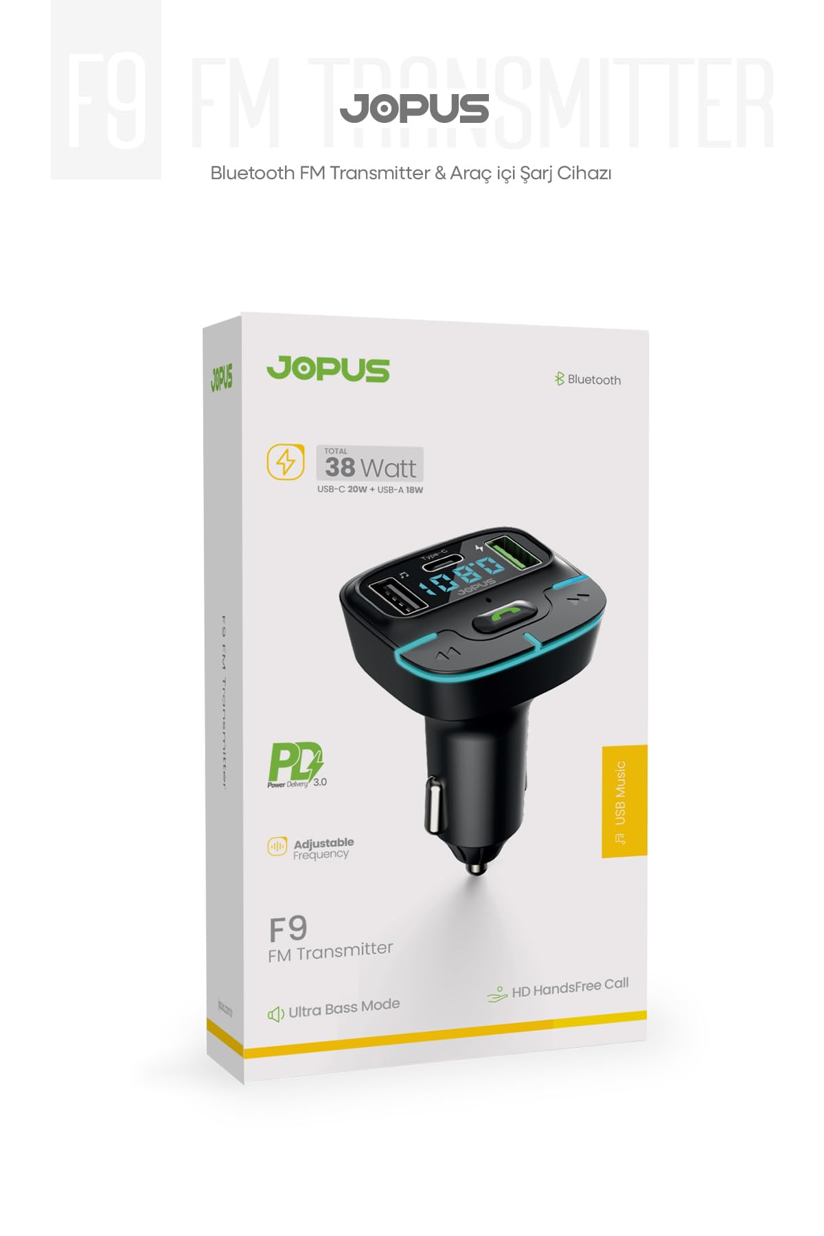Jopus Bluetooth FM Transmitter Araç Kiti, Hızlı Şarj, USB, Type-C, HD Mikrofon, 9914