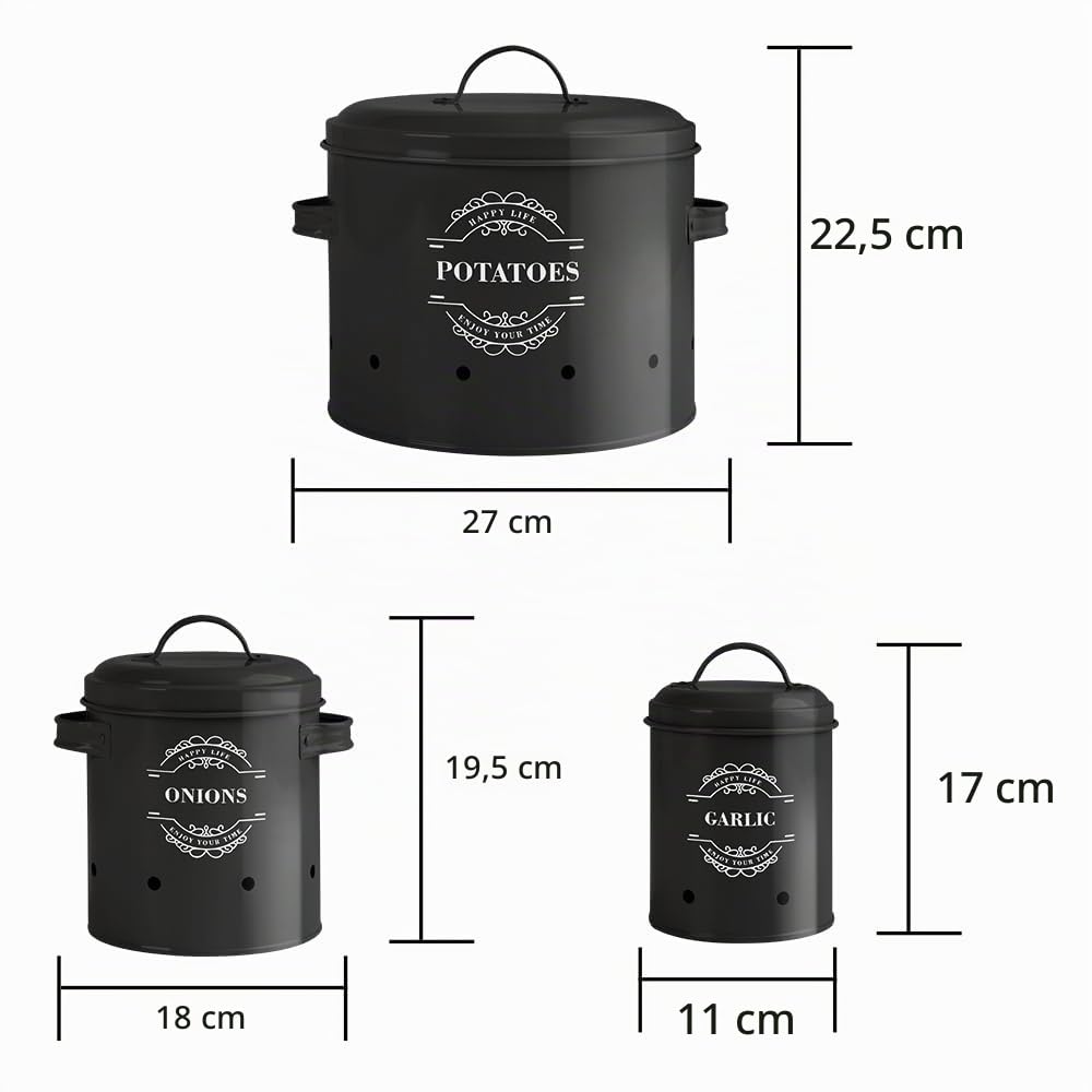 VirklyeeTarros de patatas Tarro de cebolla Tarro de ajo Juego de 3 Frascos de almacenamiento para frutas y verduras Tanque de almacenamiento de metal Botes para alimentos (Negro)