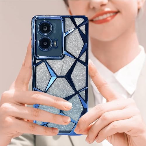 Image of VONZEE Gradient Glitter Case for Moto Edge 50 Fusion /Moto G96, Luxury Electroplated 3D Cube, Diamond Bling Shiny Soft TPU Clear Shockproof Case Women Girls Protective Phone Cover (Blue)