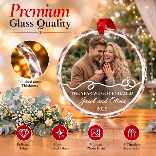 Image of Engagement Ornament 2026, Personalized Glass Christmas Photo Keepsake