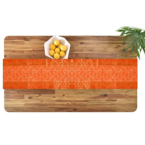 Image of E-EZRA Room Decor Banarasi Silk Handmade Flower V Shape Table Runner Dinning & Centre Table Long Runner Bed Runner Gold Tassels End Size 14 X 80 inches (Orange)
