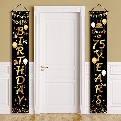 Black And Gold Happy Birthday Banner - Large 70x12 Inch Door Banner, Porch Sign, Wall Hanging For Indoor/Outdoor Parties