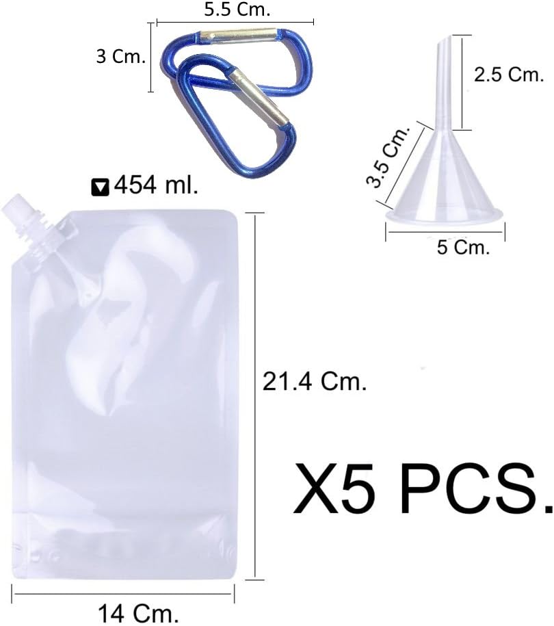 Water Bottles Set of 5 Flexible Bottles for Sports (5x16 Onz,2 Carabiner,1 Funnel)