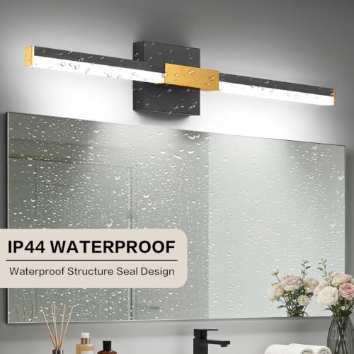 Image of SOLFART Vanity Lights for Bathroom Dimmable: Black and Gold 24-Inch Built-in Step Dimming Bathroom Light Fixtures Over Mirror ETL IP44