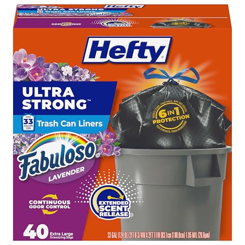 Image of Hefty Ultra Strong 33 Gallon Trash Bags, Large Trash Bags Size, Trash Can Liners, Break Resistant Drawstring Closure, Resists Leaks, Punctures, and Tears, Black, Fabuloso Lavender Scent, 40 Bags
