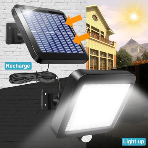 Image of Solar Motion Sensor Wall Light with Remote Control, COB LED Outdoor Security Light with Separate Solar Panel, 5 m Cable, 3 Lighting Modes, IP65 Waterproof Garden Garage (Solar Lights - 02)