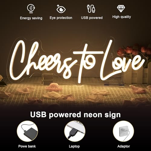 Image of Lucunstar Cheers to Love Neon Sign Wedding Neon Sign Led Lights for Room Warm White Wall Decor Light Sign for Wedding USB Powered Sign Decor 16.5 inchX5.9 inch