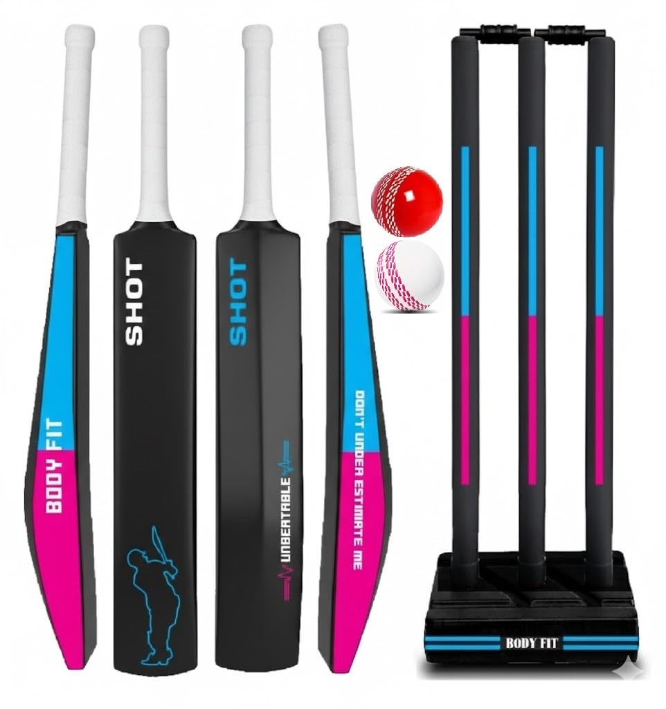 Bodyfit Heavy Duty Plastic Premium Cricket Kit Set | Lightweight| Full Size| | Hard Plastic Bat| Premium Cricket Wicket Set l 3 Stumps+2 Bails+1 Stand Set, 2 Balls, Ultimate Style,Shot BP. | Complete Cricket Set, Plastic Stumps Included, Balls-picture-23