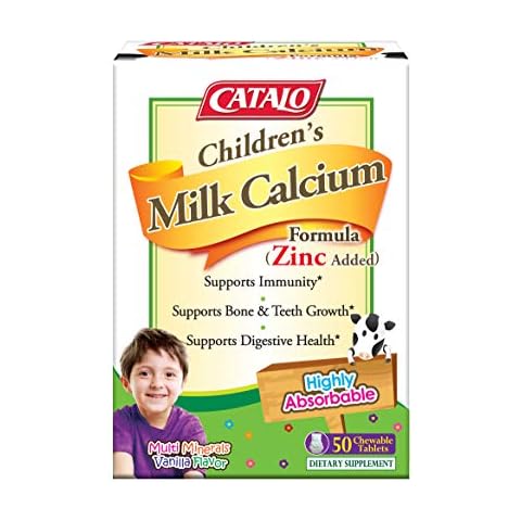CATALO Children's Milk Calcium Formula with Zinc - 50 Bear-Shaped Chewable Tablets, Supports Bone Growth & Teeth Development, TruCal Calcium, Vanilla Flavor Cover