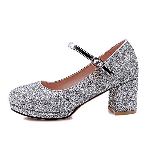 Alsoloveu Womens Glitter Mary Jane Shoes Platform Low Chunky Heels Closed Round Toe Ankle Buckle Strap Office Work Wedding Sequins Pumps Size 9 M US,Silver2