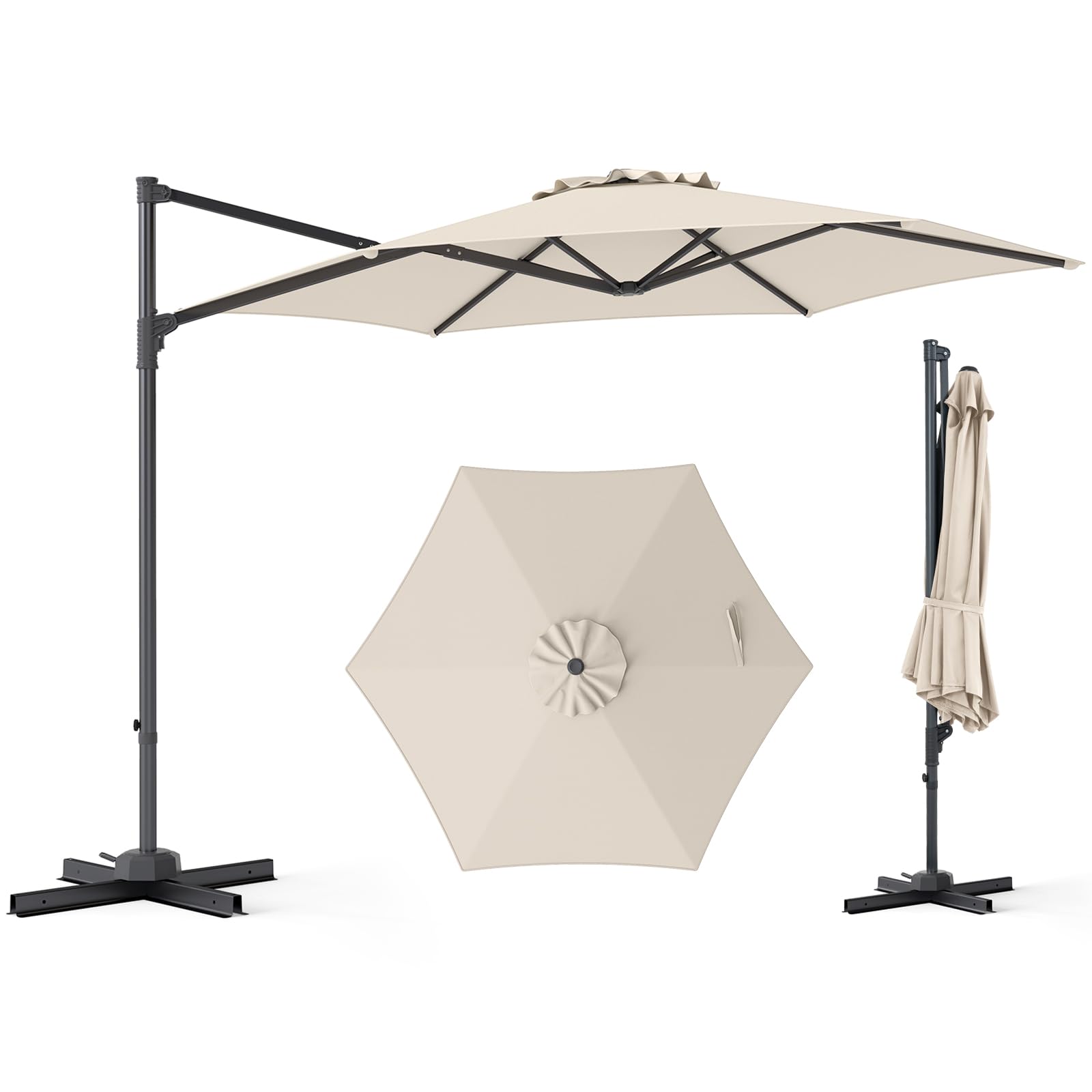 COSTWAY Sombrilla Terraza Exterior, Parasol Excentrico Jardín con Rotación de 360°, Varillas Metálicas y Base en Cruz, Parasol Colgante Exterior para Patio Terraza Piscina (300 cm,Beige)