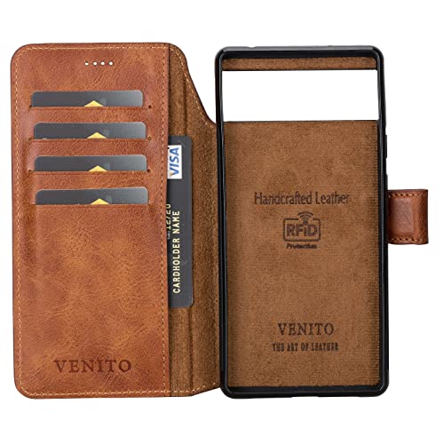Venito Florence-Flex RFID Blocking Leather Wallet Case Compatible with Google Pixel 6 - Non-Magnet Slide in Detachable Wallet Case - Antique Brown (Antique Brown)