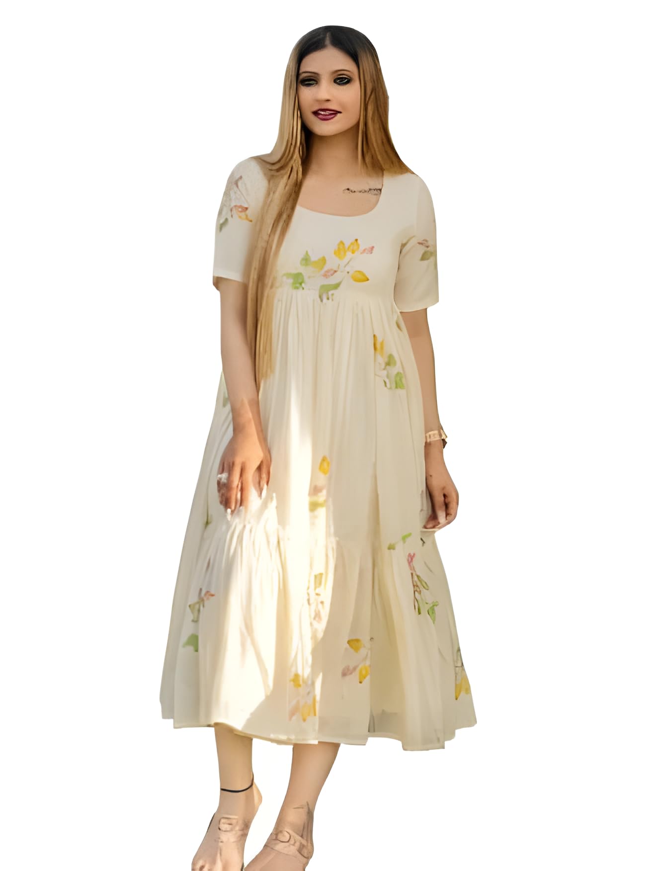 Floral Print Empire Waist Midi Pure Cotton Dress, Short Sleeve, Cream White with Yellow Accents-image-36
