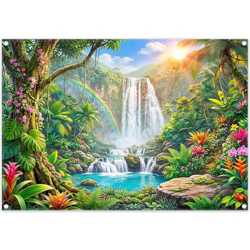 ZTHMOE Fabric 7x5ft Rainforest Backdrop Tropical Jungle Waterfall Banner