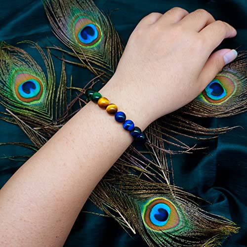 Pozanki Peacock Triple Protection Bracelets For Women Men, Healing Crystal Chakra Tiger Eye Beaded Bracelets, Semi Precious Gemstone Stretch Bracelets For Stress Relief, Feng Shui, Good Mood And Lucky #TOP4