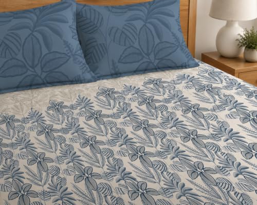 Image of LOOMLYFE 300 TC Microfiber XXL Soft Cotton Super King Size Printed Bedsheet For Double Bed, 108 Inches X 108 Inches, 9 Feet, 275 X 275 Cm With 2 Large Size Pillow Covers - Bluecocunut