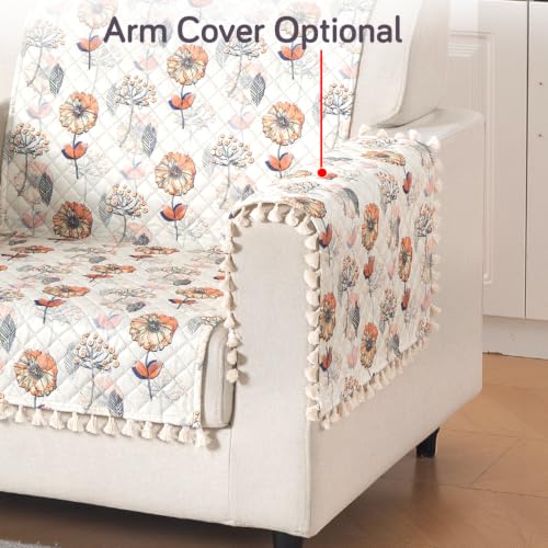 Image of HOKIPO Wildflower Breeze Quilted Sofa Cover with Tassels 1 Seater for Seat & Back, (152x60 cm), 'Tassel Twigs' Series (IN-989-T7)