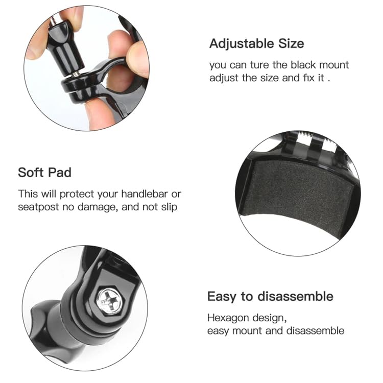 Image of Reflex Camera Bike Handlebar Pole Clamp Mount Compatible with Go Pro Hero 13-5, Session, Insta 360 - Durable, Adjustable Action Camera Mount