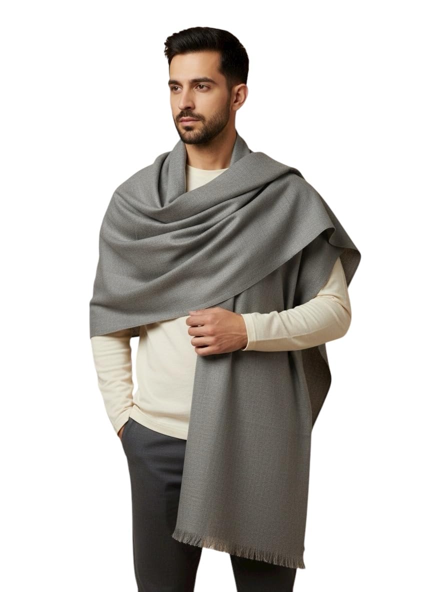 Luxury Grey Woolen Lohi Shawl for Men, Traditional Full Size Wrap with Fringe Detail, Elegant Winter Drape-picture-10