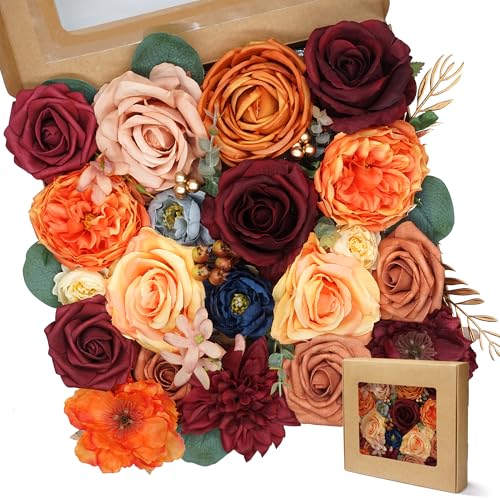 AUSOGO Champane and Red Artificial Flowers Combo Silk Mix Fake Flowers with Stem for DIY Wedding Arch Bridal Bouquets Baby Shower Centerpieces Party Wall Home Decorations