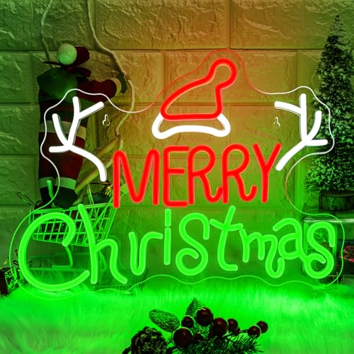 Image of Merry Christmas Neon Signs Green Red Letters Neon Light with Switch for Wall Decor LED Neon Light Sign for Christmas Party, New Year, Holiday Decoration Gift for Children, Family