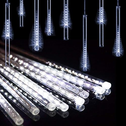 RCYF LED Meteor Shower Solar Lights Outdoor, 30cm 10 Tubes 360LEDs Garden Meteor Shower Waterproof Falling Raindrop Lights Christmas Tree Lights (Cold White)
