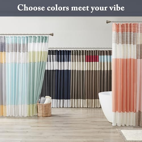 Image of Madison Park Amherst Bathroom Shower Curtain Faux Silk Pieced Striped Modern Microfiber Bath Curtains, 72x84 Inches, Navy