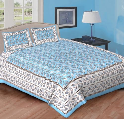 Image of Indian Hand Block Printed 200 TC Cotton Double Size Bedsheet with 2 Pillow Covers 90 By 100 Inches /Sky Blue