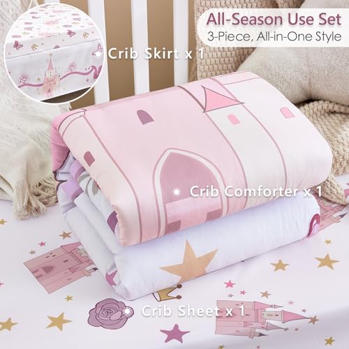 Image of 3-Piece Crib Bedding Set for Girls - Ultra Soft Baby Bedding Set Includes Crib Comforter, Sheet & Skirt (Purple)