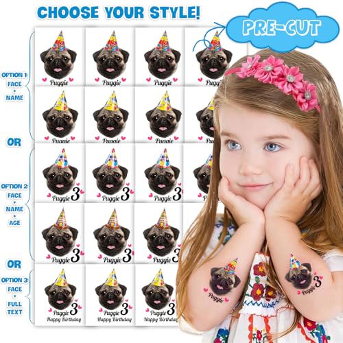 Image of Custom Dog Face Temporary Tattoos, Set of 20 | Personalized Pre-Cut Photo, Birthday Hat & Dog Name or Text, Funny Party Favors, Dog Lovers Gifts