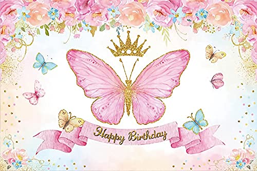 Hnmdmyi 2.1x1.5m Sfondo Farfalla rosa oro farfalla fiore buon compleanno fotografia sfondo principessa ragazze festa di compleanno torta decorazioni tavolo banner Photo Booth Props