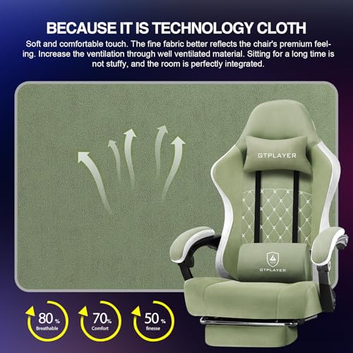 Sedia da gaming, ergonomica, da scrivania, con superficie in tessuto, cuscino a molla, braccioli di collegamento e poggiapiedi, Verde - Sedia gaming - Immagine 4