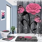 Poedist 4 Pcs Bathroom Shower Curtain Set,Pink Rose Valentine's Day Shower Curtain Sets with...
